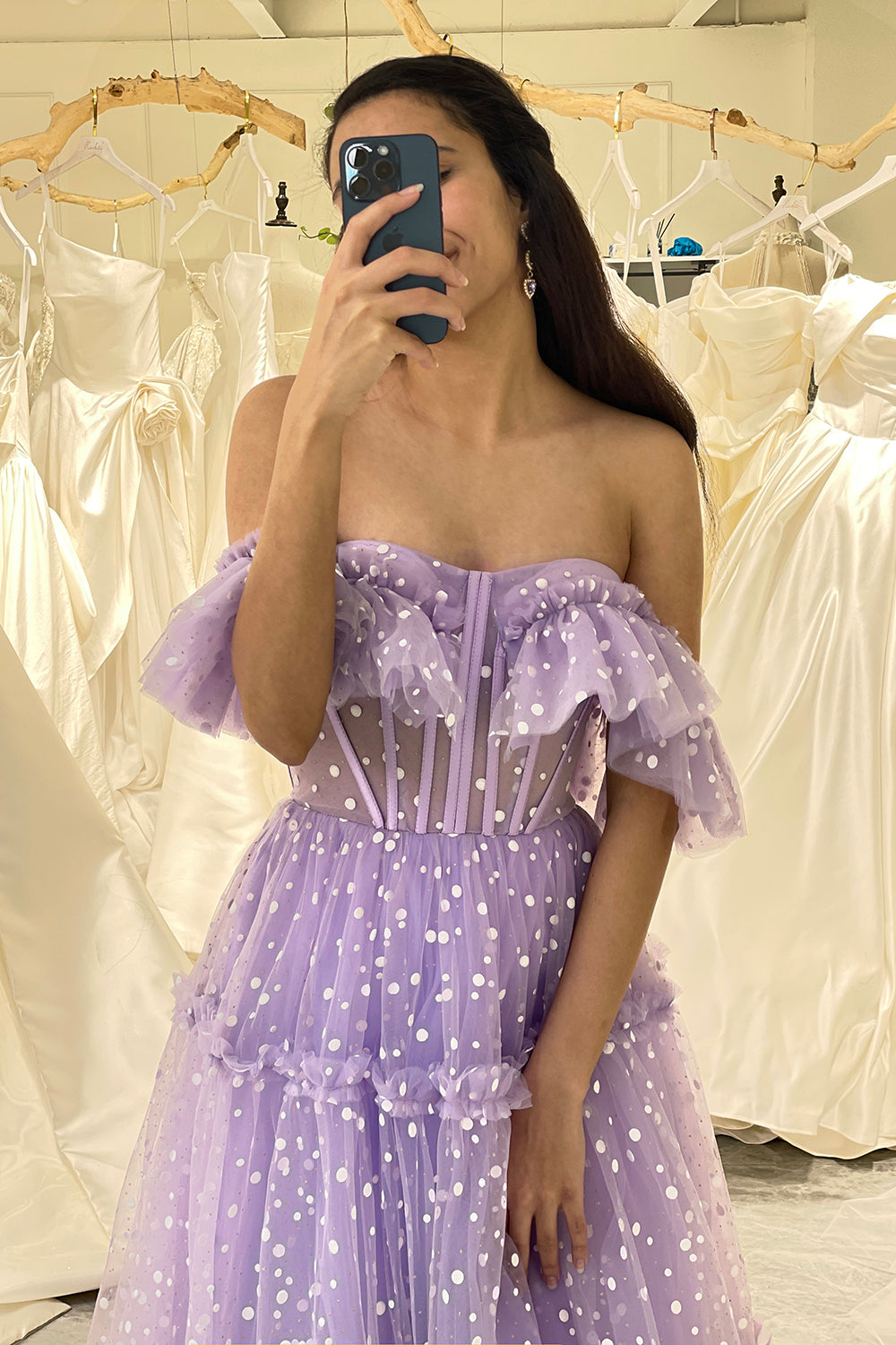 Lilac Tulle A Line Off the Shoulder Long Corset Prom Dress