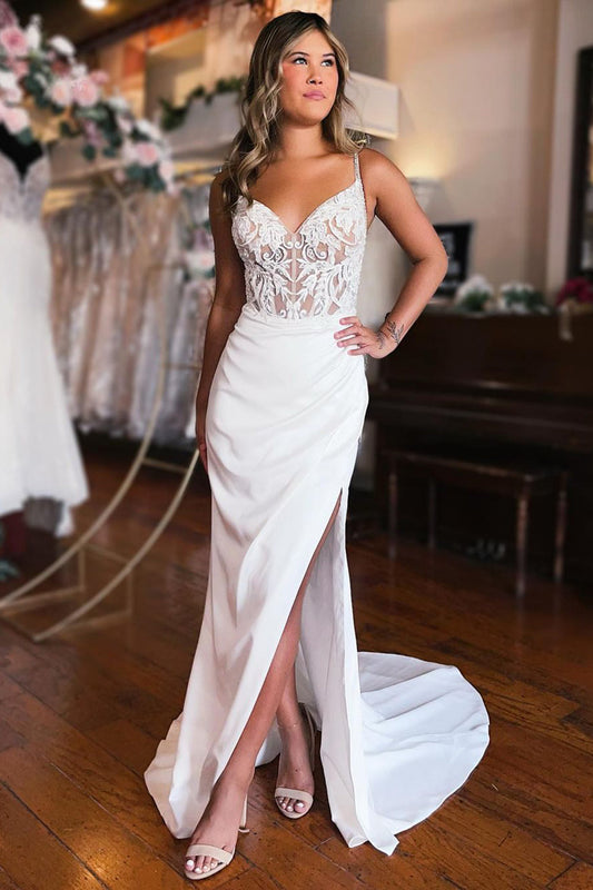 Classic White Lace-Up Back Wedding Dress with Slit