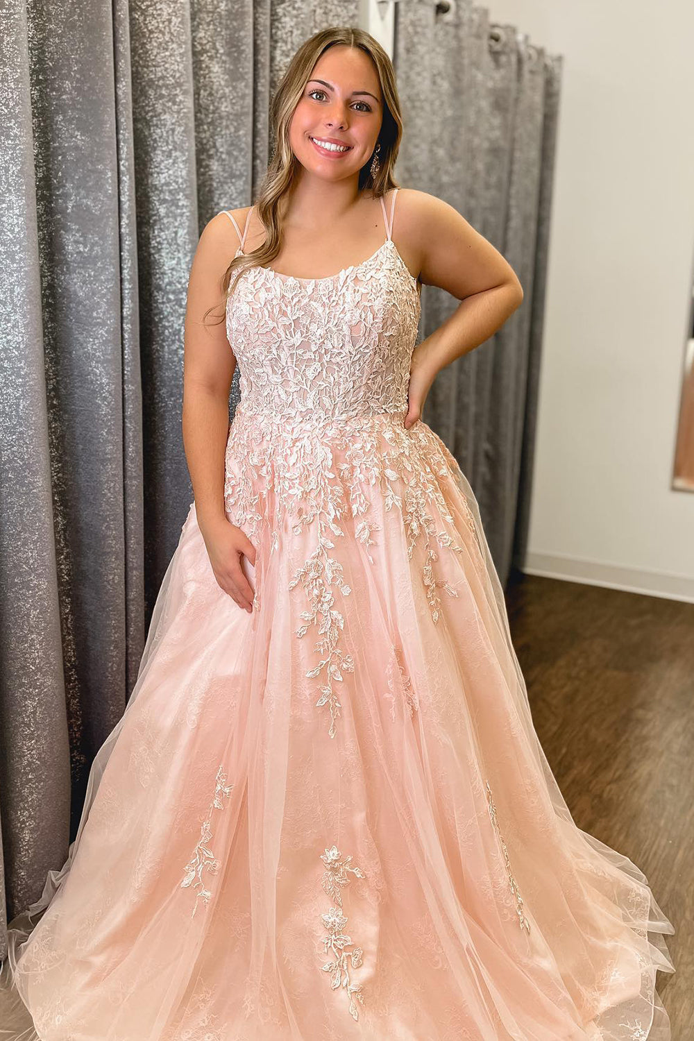 Plus Size Spaghetti Straps Light Pink Long Prom Dress with Appliques