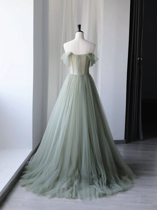 A-Line Green Tulle Long Prom Dress Green Sequin Formal Dress