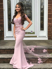 Pink Satin Mermaid Long Lace Prom Dress Pink Bridesmaid Dress