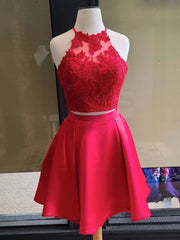 Simple Red Two-Piece Short Lace Prom Dress Red Homecoming Dress