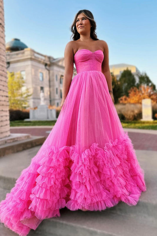 Rachael Dressystars  Girly Pink Chic Sweetheart Collar Tiered Tulle Material Long Prom Dresses