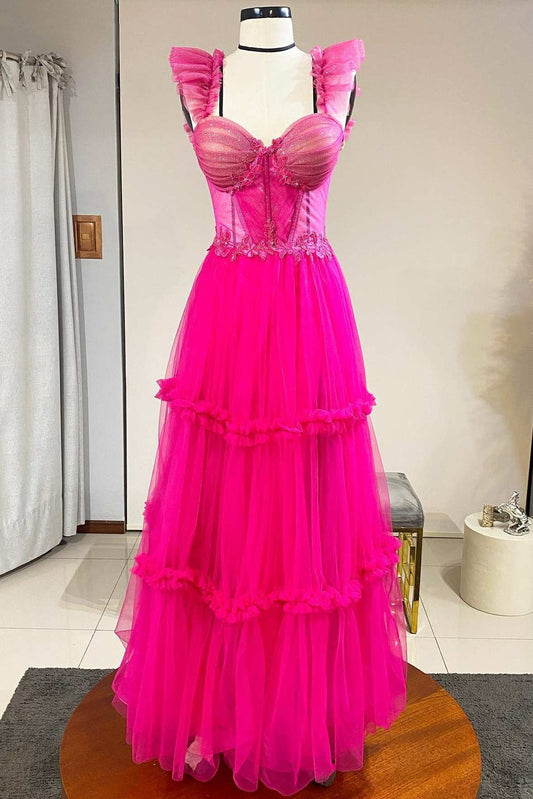 Magenta Tulle Material Ruffles Bustier A-Line Prom Dress