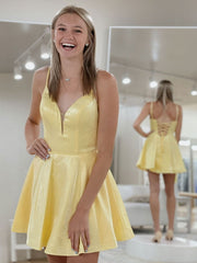 Simple Yellow V-Neck Short Prom Dress Yellow Cocktail Dress