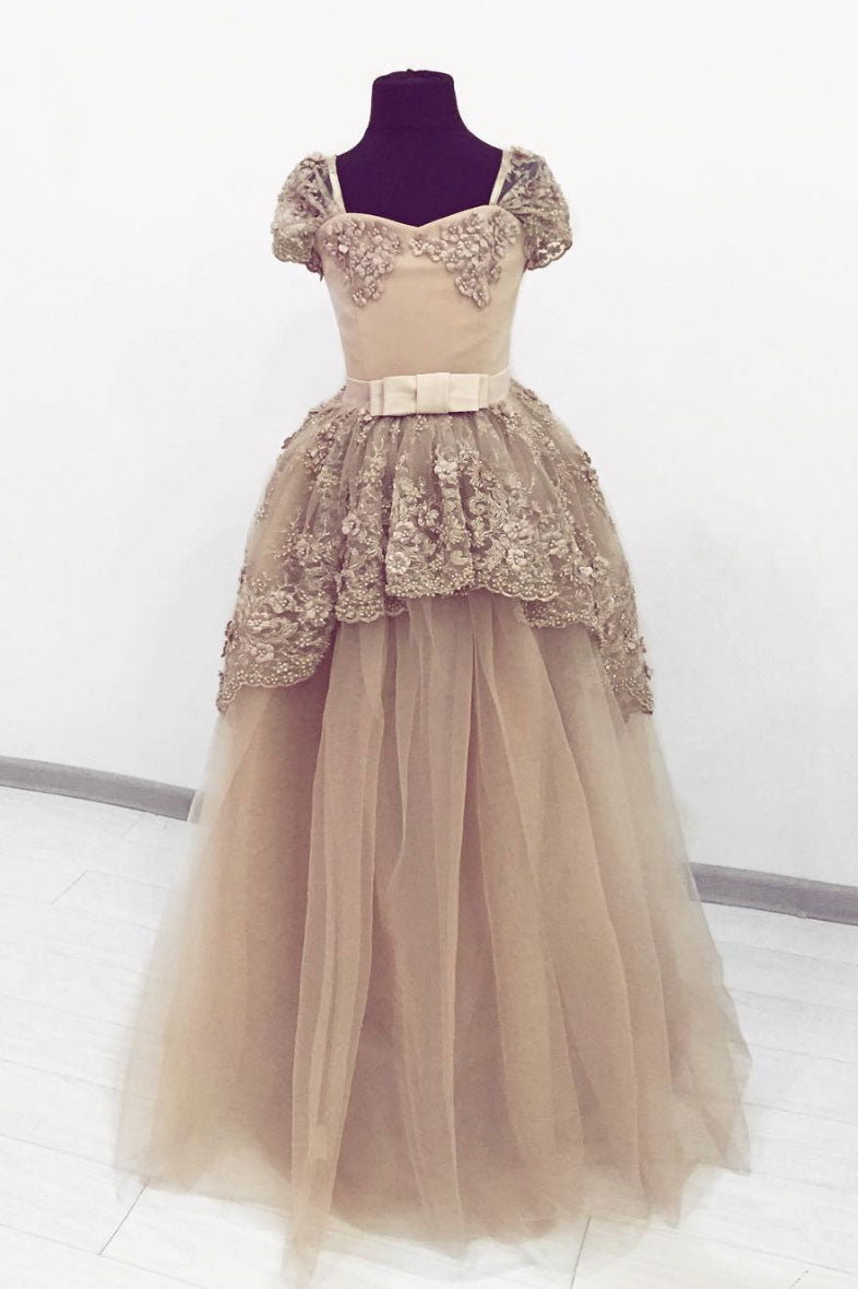 Champagne Sweetheart Tulle Lace Long Prom Dress Evening Dress