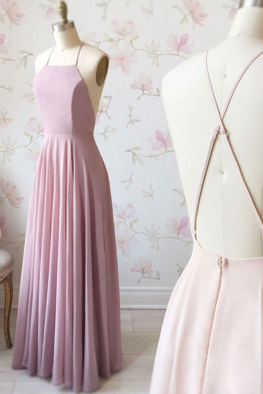 Simple Chiffon Pink Long Prom Dress Pink Evening Gown