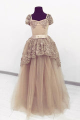 Champagne Sweetheart Tulle Lace Long Prom Dress Evening Dress