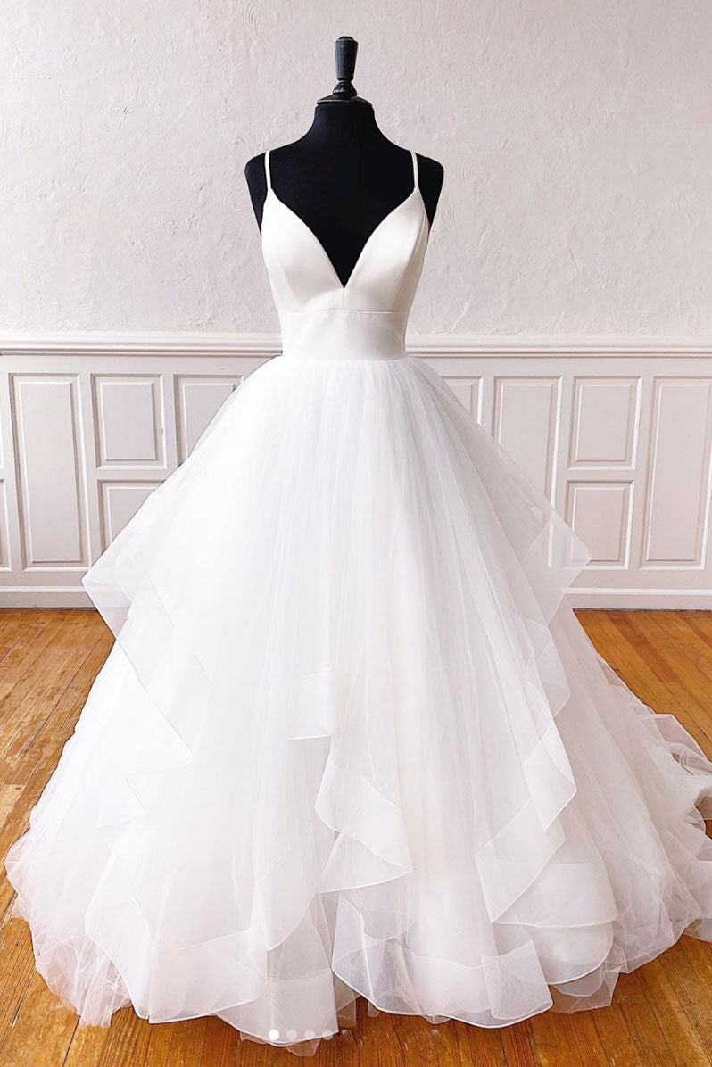 White V-Neck Tulle Long Prom Dress White Formal Dress