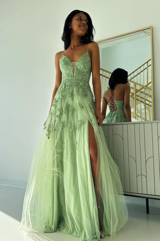 Sage Green Sexy V Neck Tulle Material A-Line Long Prom Dresses with Delicate Appliques