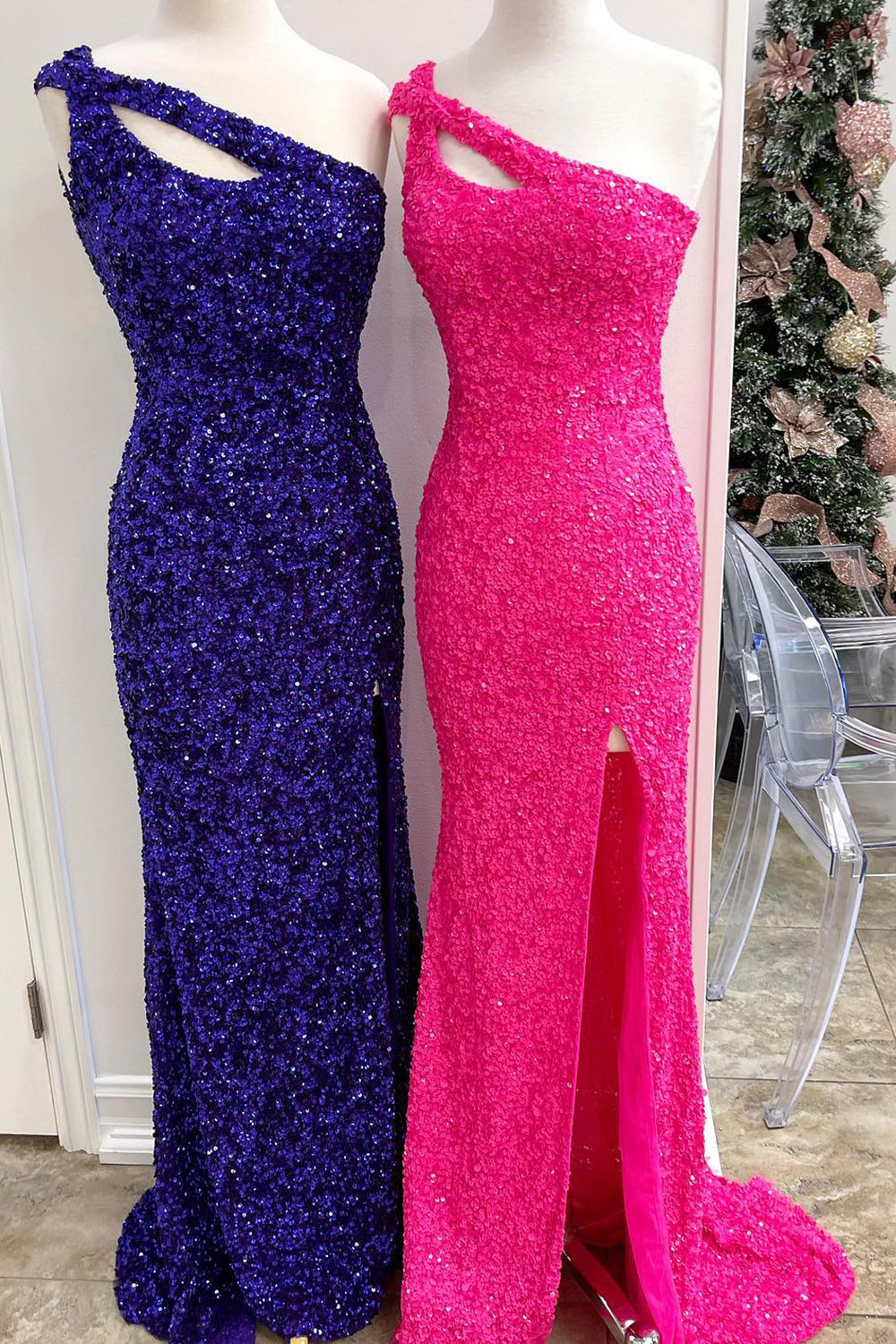 Sheath One Shoulder Red Sequins Long Prom Dress