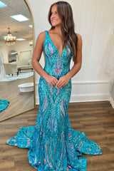 Sparkly Blue Metallic Long Backless Sequins Prom Dres with Slit