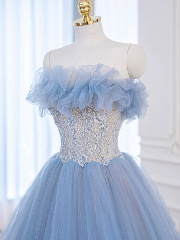 A-Line Blue Tulle Lace Long Prom Dress Blue Tulle Lace Formal Gown