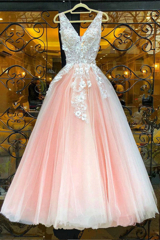 Pink V-Neck Lace Tulle Long Prom Dress Pink Lace Evening Dress