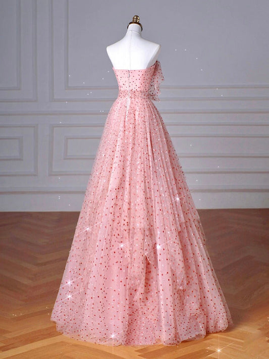 A-Line Pink Tulle Long Prom Dress Pink Tulle Long Formal Gown