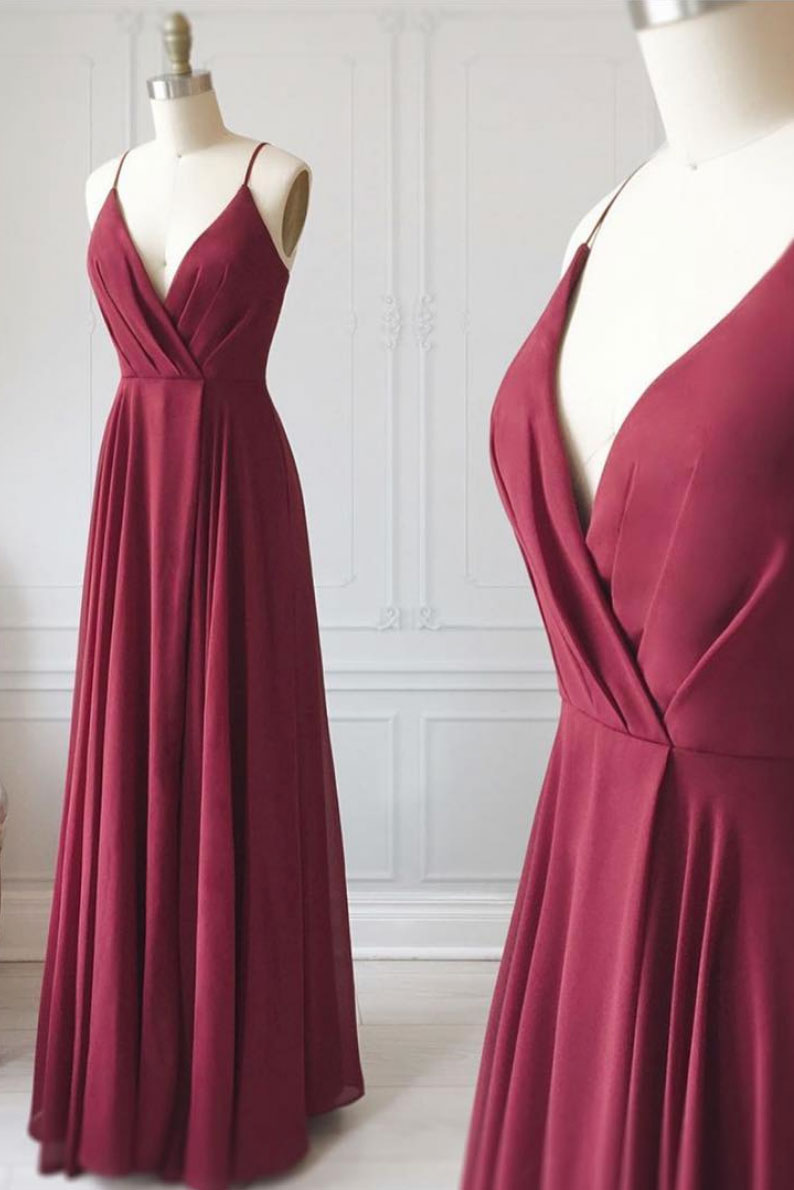 Simple V-Neck Burgundy Long Prom Dress Burgundy Evening Gown