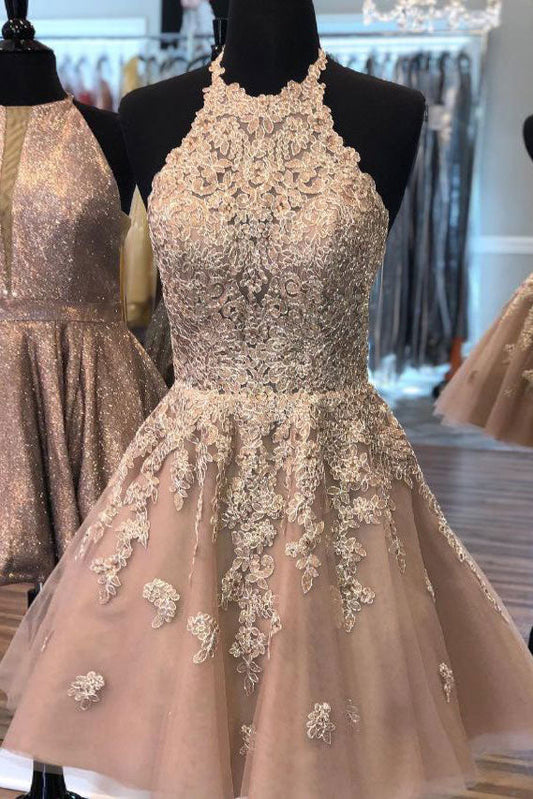 Champagne Lace Short Prom Dress Lace Evening Dress