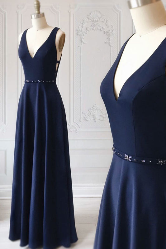 Simple Blue V-Neck Long Prom Dress Blue Evening Gown