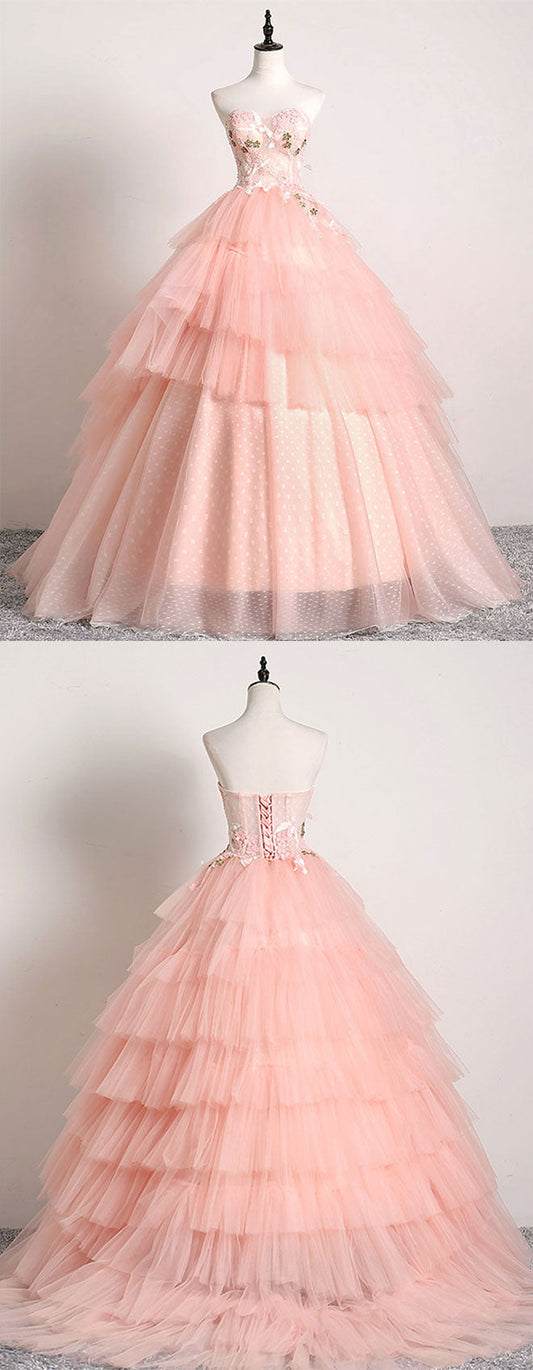 Pink Sweetheart Lace Tulle Long Prom Gown Pink Tulle Formal Dress