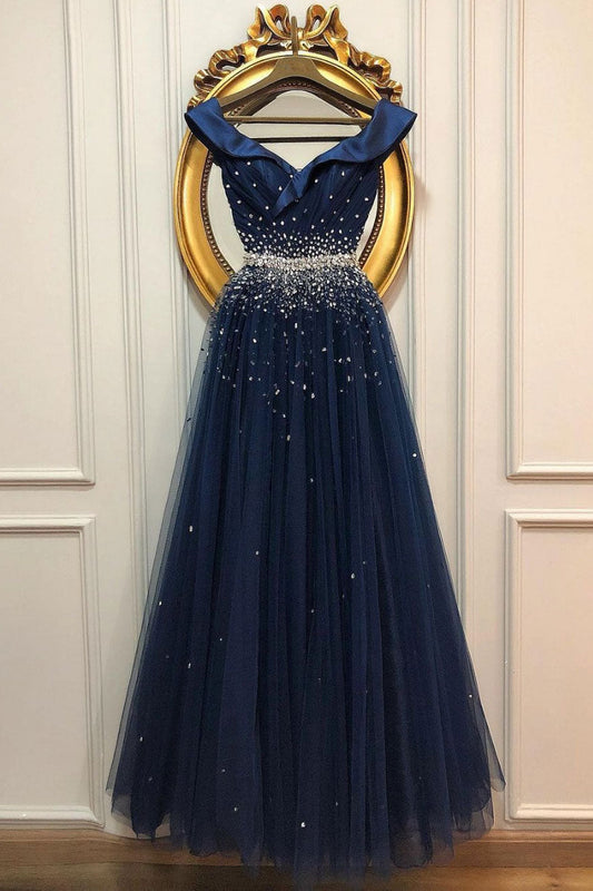 Dark Blue Satin Sequin Long Prom Dress Dark Blue Evening Dress