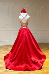 Red V-Neck Satin Long Prom Dress Red Satin Evening Dress