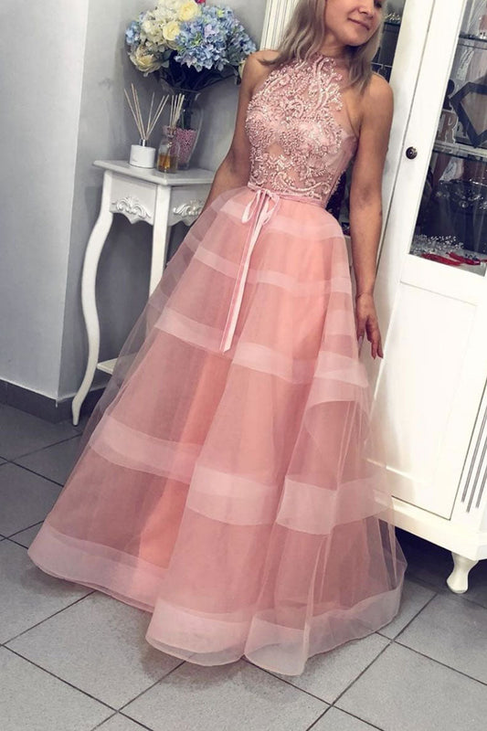 Pink High Neck Tulle Lace Long Prom Dress Pink Evening Dress