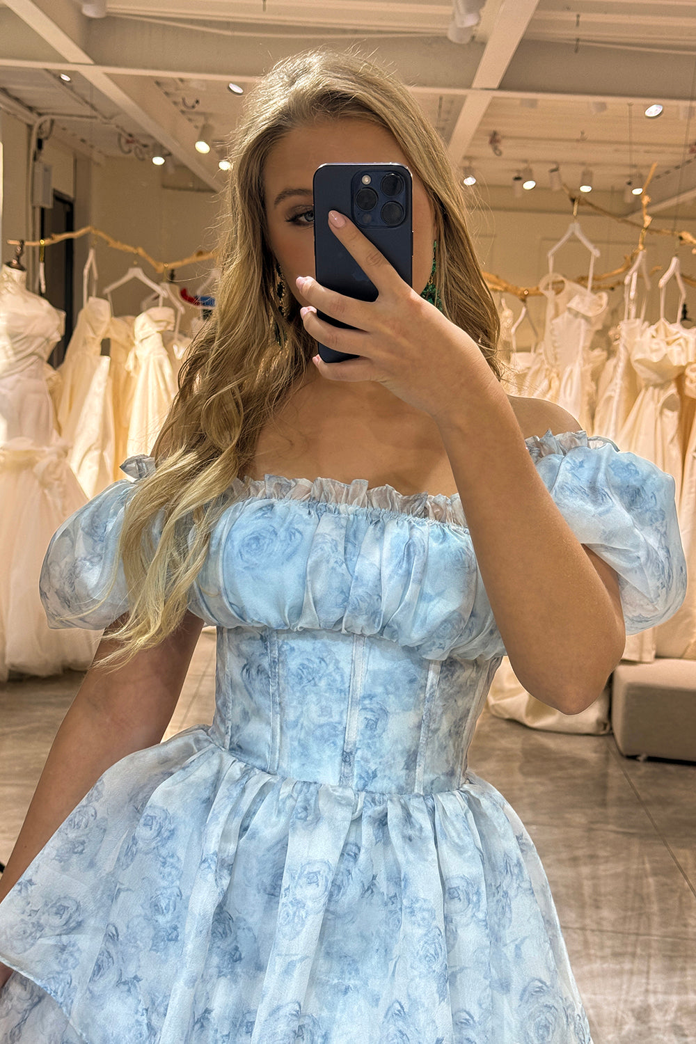 Light Blue A Line Long Tiered Corset Prom Dress