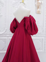 Red V-Neck Satin Long Prom Dress Red Puff Sleeves Satin Long Formal Dress