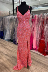 Mermaid V Neck Fuchsia Sequins Long Prom Dress