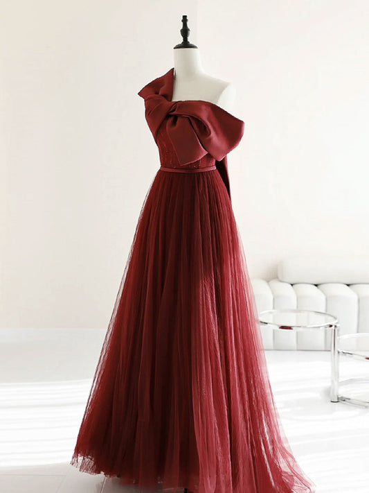 A-Line Tulle Burgundy Long Prom Dress Burgundy Formal Evening Dress