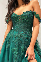 Elliana Dressystars  Glitter Emerald Delicate Appliques Off-the-shoulder A-Line Long Prom Dress