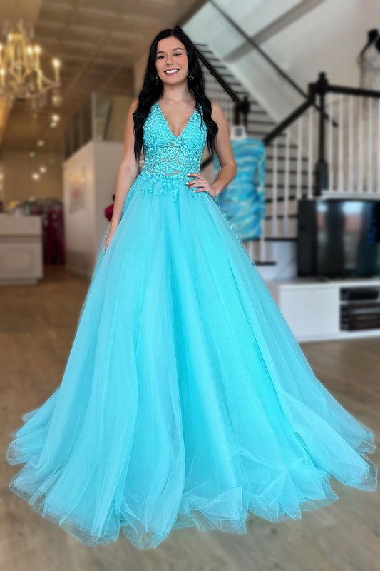 Tulle Deep V-Neck Sky Blue Long Prom Dress with Appliques