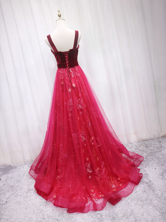 A-Line Burgundy Tulle Lace Long Prom Dress Burgundy Long Evening Gown