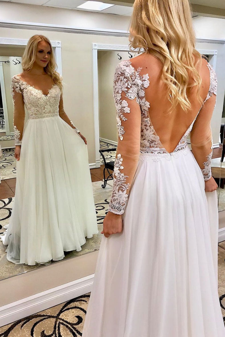 White V-Neck Chiffon Lace Long Prom Dress White Formal Dress