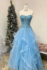 Blue Sweetheart Tulle Lace Long Prom Dress Blue Tulle Formal Gown