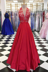 Red V-Neck Lace Appliqu¨¦ Long Prom Dress Red Evening Dress