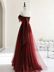 A-Line Tulle Burgundy Long Prom Dress Burgundy Formal Evening Dress