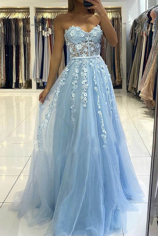 Blue Tulle Lace Long Prom Dress Blue Tulle Lace Formal Gown