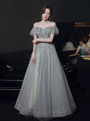 Gray Tulle Off-Shoulder Long Prom Dress Gray Tulle Formal Dress