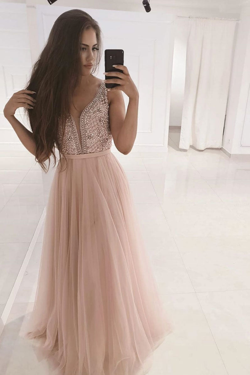 Pink V-Neck Beaded Long Prom Dress Pink Tulle Evening Dress