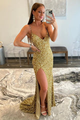 Arlene Dressystars ?Charming Mermaid V Nekc Gold Sequin Material  Long Prom Dresses with Split Design