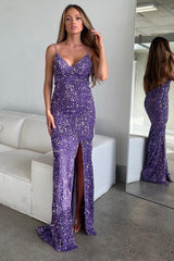 Sparkly Purple Mermaid Long Prom Dress With Slit