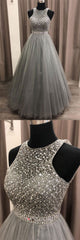 Gray Round Neck Tulle Sequin Long Prom Dress Gray Evening Dress