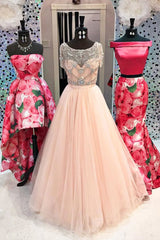 Pink Round Neck Beaded Tulle Long Prom Dress Pink Evening Dress