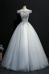 Gray Tulle Lace Off-Shoulder Long Prom Dress Gray Evening Dress