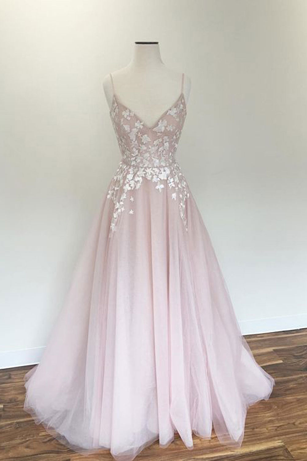 Light Pink V-Neck Tulle Appliqu¨¦ Long Prom Dress Pink Evening Dress