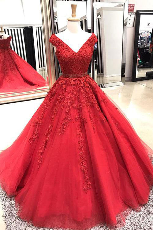 Red V-Neck Tulle Lace Appliqu¨¦ Long Prom Dress Red Evening Dress