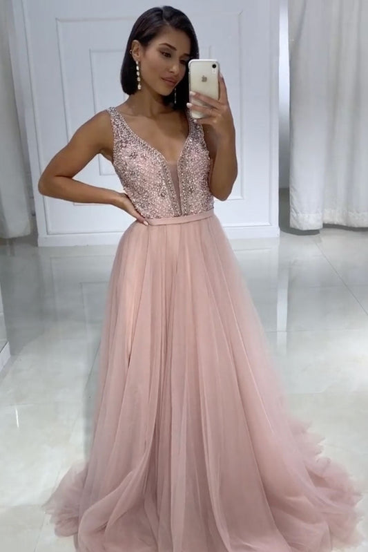 Pink V-Neck Beaded Long Prom Dress Pink Tulle Evening Dress