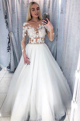 White Round Neck Tulle Lace Long Prom Dress White Tulle Formal Gown