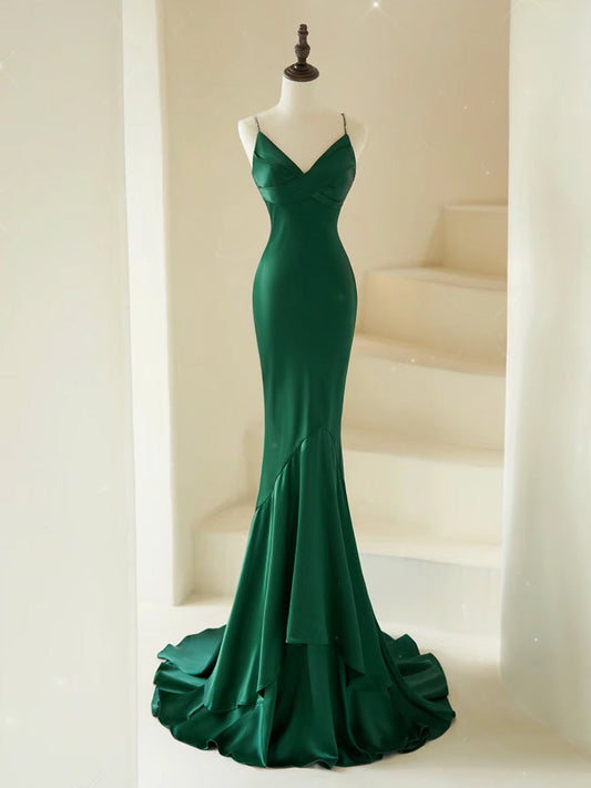 Mermaid V-Neck Satin Green Long Prom Dress Green Satin Long Formal Dress